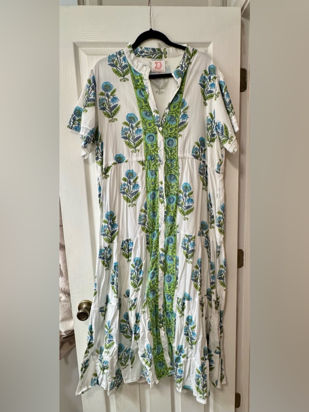 Victoria Dunn White Floral Button-Front Maxi Dress with Blue and Green Print